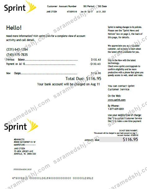 USA Sprint utility bill template in Word and PDF formats, version 2